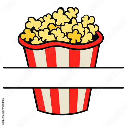 A colorful illustration of a striped popcorn bucket filled with yellow popcorn