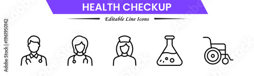 Health checkup icons depicting medical exams, diagnostics, stethoscope, heartbeat, clinic, doctor consultation, tests, reports, wellness, prevention, monitoring, screening, healthcare, and appointment