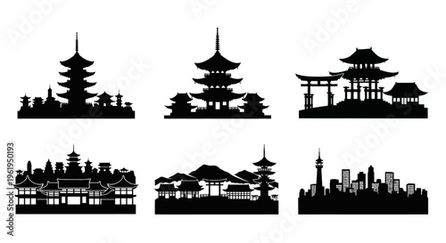 Japanese Cityscapes and Traditional Architecture Silhouettes