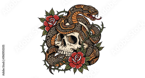 Vintage skull and snake tattoo design with roses and thorns