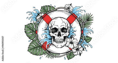 Skull with Tropical Flowers and Lifebuoy in Nautical Tattoo Style