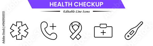 Health checkup icons depicting medical exams, diagnostics, stethoscope, heartbeat, clinic, doctor consultation, tests, reports, wellness, prevention, monitoring, screening, healthcare, and appointment