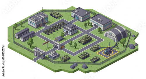 Isometric Military Base Illustration with Buildings, Vehicles, and Security Features.