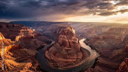 Sunset Over Grand Canyon Rock Formations Revealing Natural Monument.