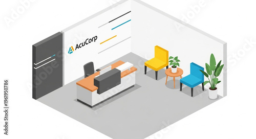 Isometric Office Reception Area with Waiting Chairs and Desk.