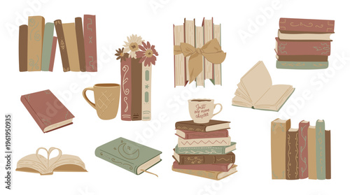 Cute vector book collection. Different stacks of books, open books. Educational theme. White isolated background.
