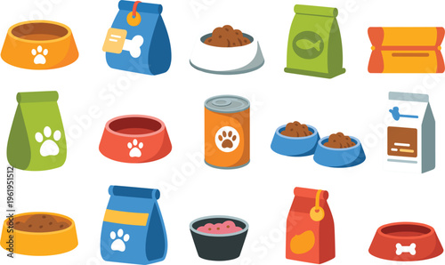 Set of pet food icons, dog and cat feeding bowls with dry snacks on white background