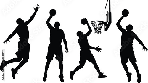 Black basketball player silhouette collection featuring dynamic poses with ball, dunking, shooting, jumping, hoop action, athletic motion vector sports illustration design