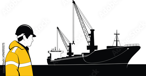 Cargo ship silhouettes, dock worker safety, maritime logistics concept, industrial shipping illustration, port operations scene, freight transport, global trade representation