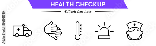 Health checkup icons depicting medical exams, diagnostics, stethoscope, heartbeat, clinic, doctor consultation, tests, reports, wellness, prevention, monitoring, screening, healthcare, and appointment