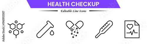 Health checkup icons depicting medical exams, diagnostics, stethoscope, heartbeat, clinic, doctor consultation, tests, reports, wellness, prevention, monitoring, screening, healthcare, and appointment
