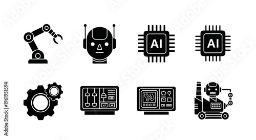 Robotics and AI Icons: Robot Arm, AI Chip, Robot Head, Gears, Control Panels, Factory Robot