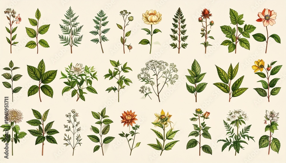 Fototapeta premium Vintage Botanical Illustration of Various Flowers and Plants.