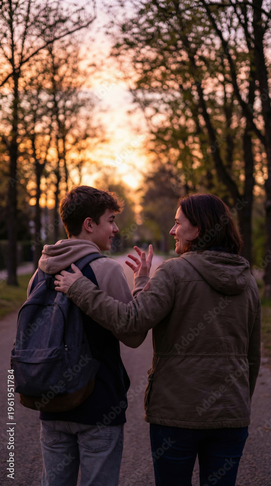 Fototapeta premium Mother walking with teenage son at sunset talking in park. Concept of family connection outdoor bonding, parenting communication, trust relationship and emotional support in everyday life.
