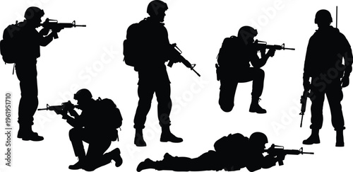 Black silhouette vector illustration of armed soldiers in tactical combat positions with rifles and backpacks, military defense concept design isolated