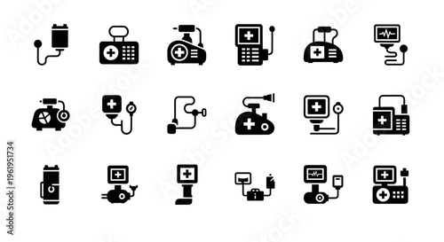 Medical Equipment Icons Set: Infusion Pump, Monitor, Ventilator, ECG Machine, Dialysis