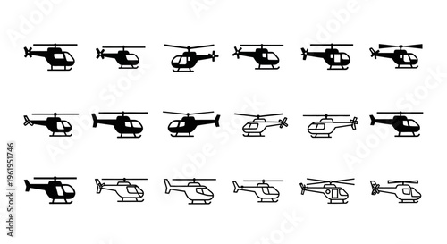 Helicopter Icons Set: Black and White Vector Illustrations of Various Helicopter Designs