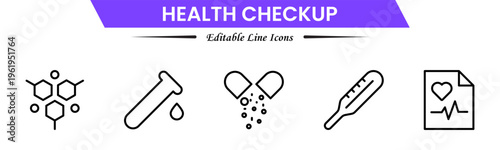Health checkup icons depicting medical exams, diagnostics, stethoscope, heartbeat, clinic, doctor consultation, tests, reports, wellness, prevention, monitoring, screening, healthcare, and appointment