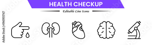Health checkup icons depicting medical exams, diagnostics, stethoscope, heartbeat, clinic, doctor consultation, tests, reports, wellness, prevention, monitoring, screening, healthcare, and appointment