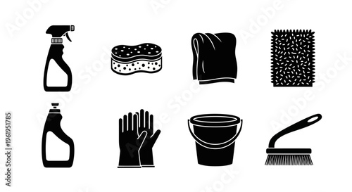 Cleaning Supplies Icons: Spray Bottle, Sponge, Towel, Mat, Gloves, Bucket, Brush