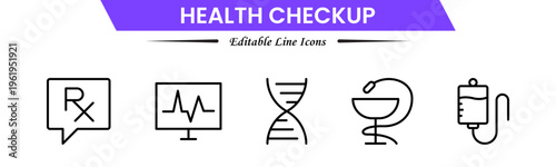 Health checkup icons depicting medical exams, diagnostics, stethoscope, heartbeat, clinic, doctor consultation, tests, reports, wellness, prevention, monitoring, screening, healthcare, and appointment
