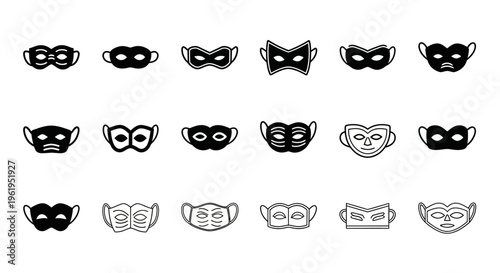 Collection of Black and White Masquerade Masks Icons, Vector Set