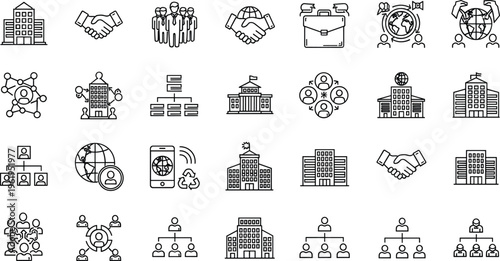 Corporate organization structure line icons set with hierarchy teamwork partnership management network collaboration editable stroke outline vector collection