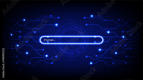 Artificial intelligence concept with glowing search bar and prompt text on futuristic technology circuit