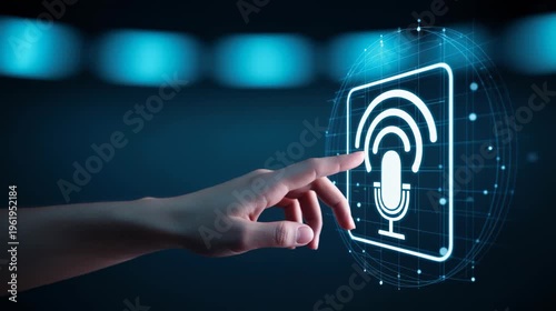 Hand interacting with a single podcast icon hologram 