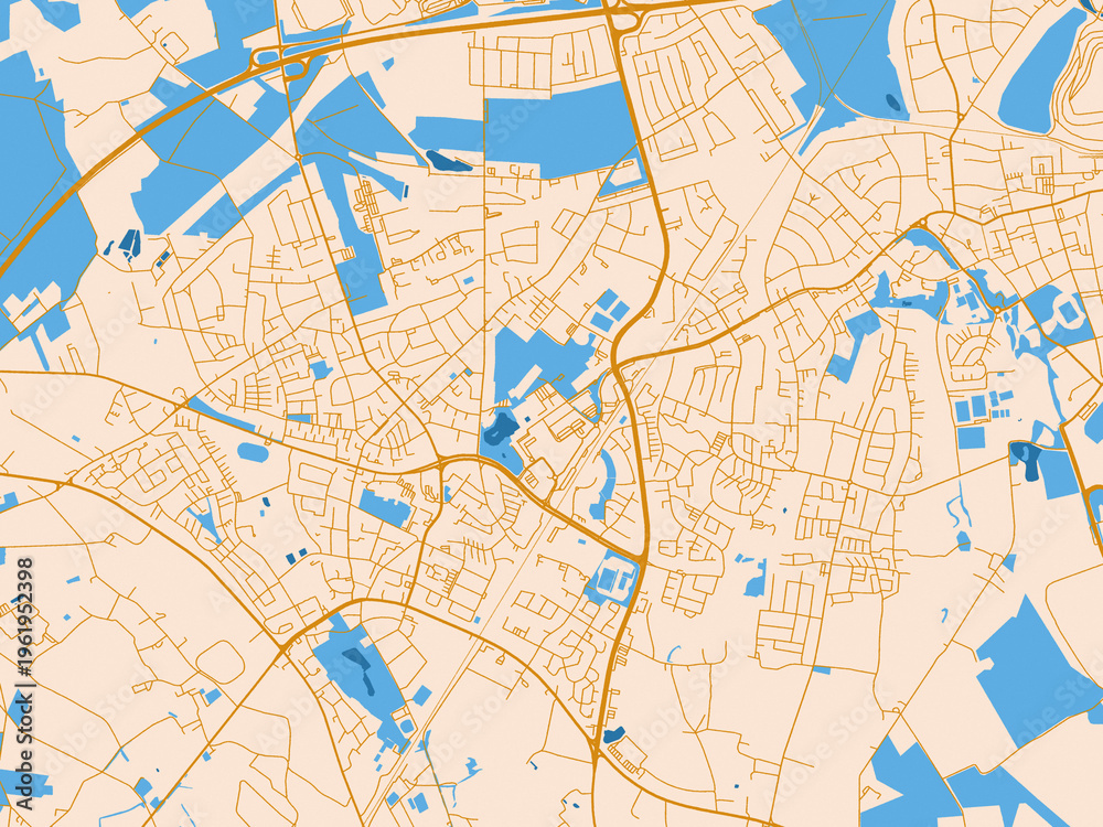 Naklejka premium Street network map of Marl, Germany, golden linework with blue water