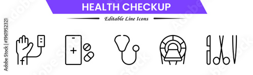 Health checkup icons depicting medical exams, diagnostics, stethoscope, heartbeat, clinic, doctor consultation, tests, reports, wellness, prevention, monitoring, screening, healthcare, and appointment