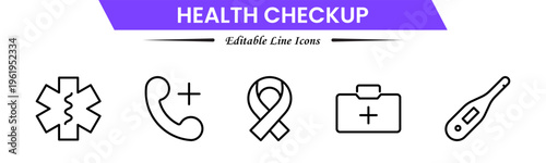 Health checkup icons depicting medical exams, diagnostics, stethoscope, heartbeat, clinic, doctor consultation, tests, reports, wellness, prevention, monitoring, screening, healthcare, and appointment