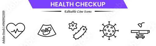Health checkup icons depicting medical exams, diagnostics, stethoscope, heartbeat, clinic, doctor consultation, tests, reports, wellness, prevention, monitoring, screening, healthcare, and appointment