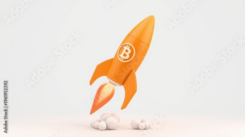 Orange rocket with bitcoin symbol launches upwards. Smoke trails indicate rapid ascent. Minimalist studio shot, clean background.