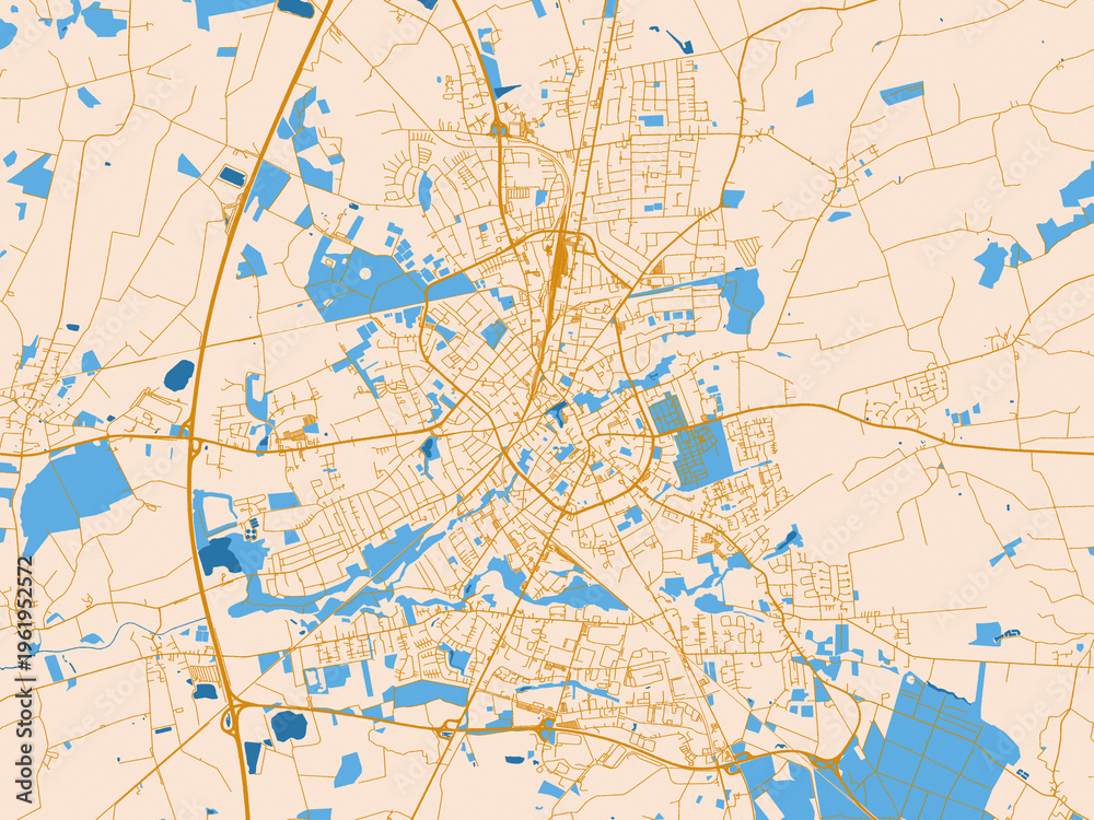 Fototapeta premium Cartographic city illustration of Neumunster, Germany — warm cream background with golden road lines and bright blue water in a clean flat cartographic style