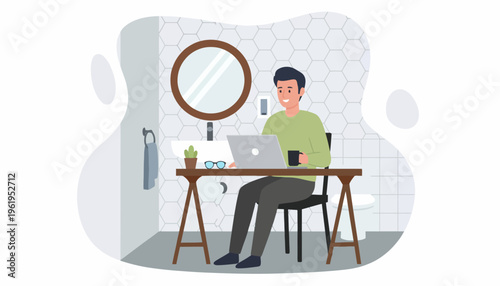 A Man Works Remotely from a Bathroom, Using a Laptop at a Desk with a Mirror and Sink