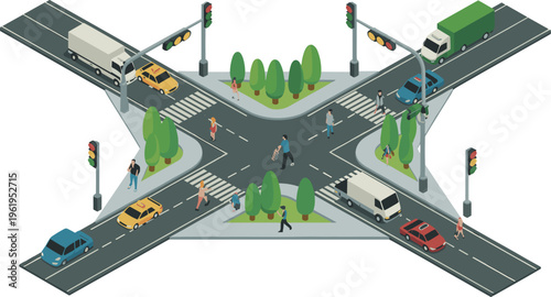 City intersection with traffic lights, cars and pedestrians crossing streets, urban transportation system, road safety concept, isometric illustration design