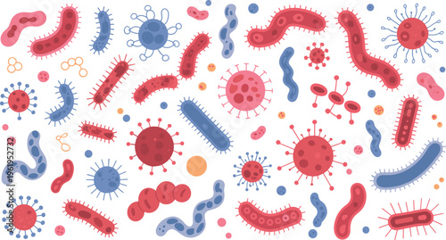 Colorful cartoon bacteria and virus microbes seamless pattern microbiology germs infection pathogens medical science background healthcare biology illustration design