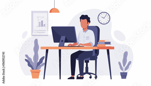 A man sitting at a desk working on a computer, a clean and modern office illustration