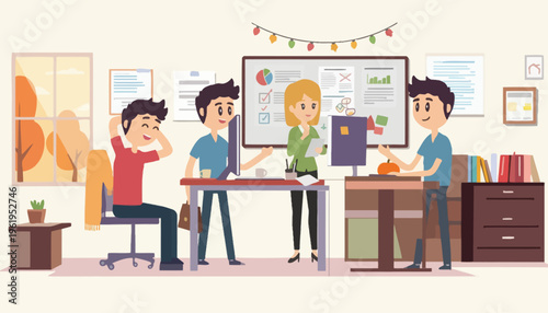 Illustrative scene of a diverse team collaborating happily in a modern office environment, brainstorming and working on computers with festive decorations in the background