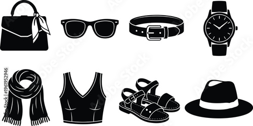 Black of handbag sunglasses belt wristwatch scarf tank sandals and fedora hat purse tote bag eyewear