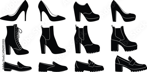Women’s shoe silhouette collection featuring twelve diverse styles including high heels, boots, loafers, platforms, chunky heels, fashion footwear vector design