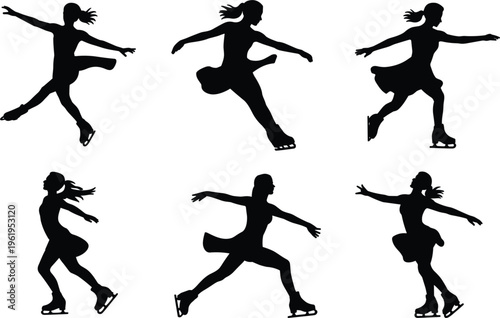 Set of figure skater silhouettes, female ice skating athletes in different poses on white background