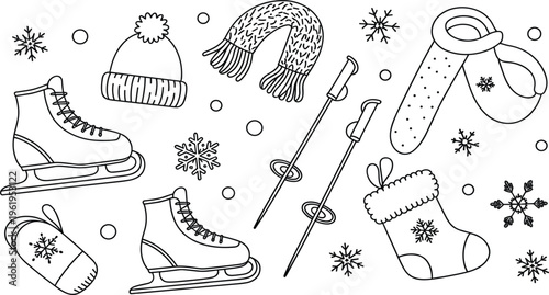 Set of winter doodles with ice skates, warm scarf, hat and mittens on white background