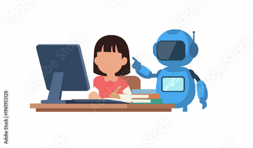 Happy Asian Girl Learning on Computer with Friendly Blue Robot Assistant Flat Vector Education Technology Illustration