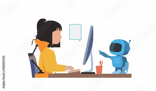 Asian Girl Studying at Computer with Cute Blue Robot Tutor Side View Flat Vector Illustration Education AI Concept