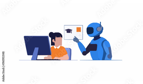 Cheerful Asian Girl with AI Robot Assistant Learning on Computer Desk Modern Flat Vector Education Technology Scene