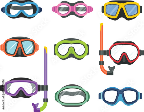 Set of diving mask and snorkel icons, colorful swimming goggles for summer vacation on white background