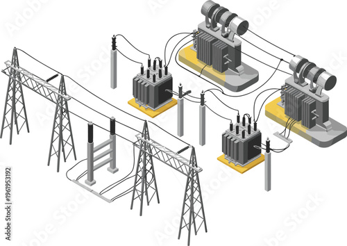 Electrical power grid system with transformers transmission lines and substations illustrating energy distribution infrastructure high voltage network and electricity supply concept
