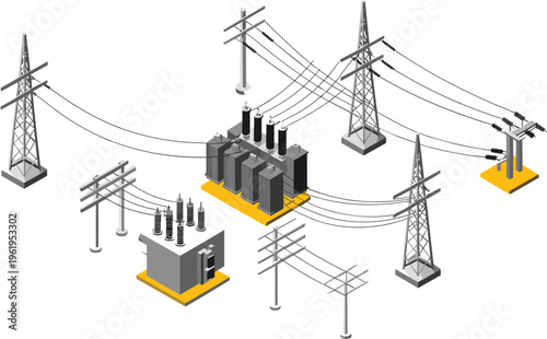Electrical power grid system, high voltage transmission lines with transformers and pylons, energy distribution infrastructure, industrial electricity network illustration concept